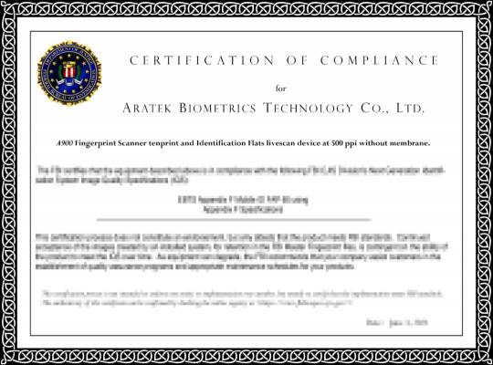 亞略特兩款超大面積活體指紋產(chǎn)品通過FBI高等級認(rèn)證