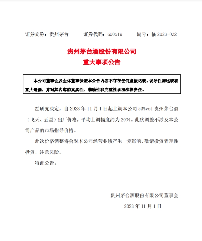 飛天茅臺出廠價上調 平均上調幅度約為20%.jpg