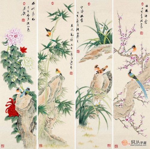 客廳背景墻上的掛畫，名家手繪花鳥國(guó)畫更受歡迎