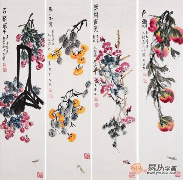 中國(guó)花鳥畫四條屏——齊白石后人 樸喆寫意四條屏國(guó)畫