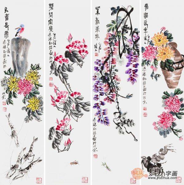 中國(guó)花鳥畫四條屏——齊白石后人 樸喆寫意四條屏國(guó)畫