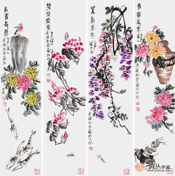 誰的作品值得收藏？齊派藝術(shù)佳作 樸喆寫意花鳥畫四條屏